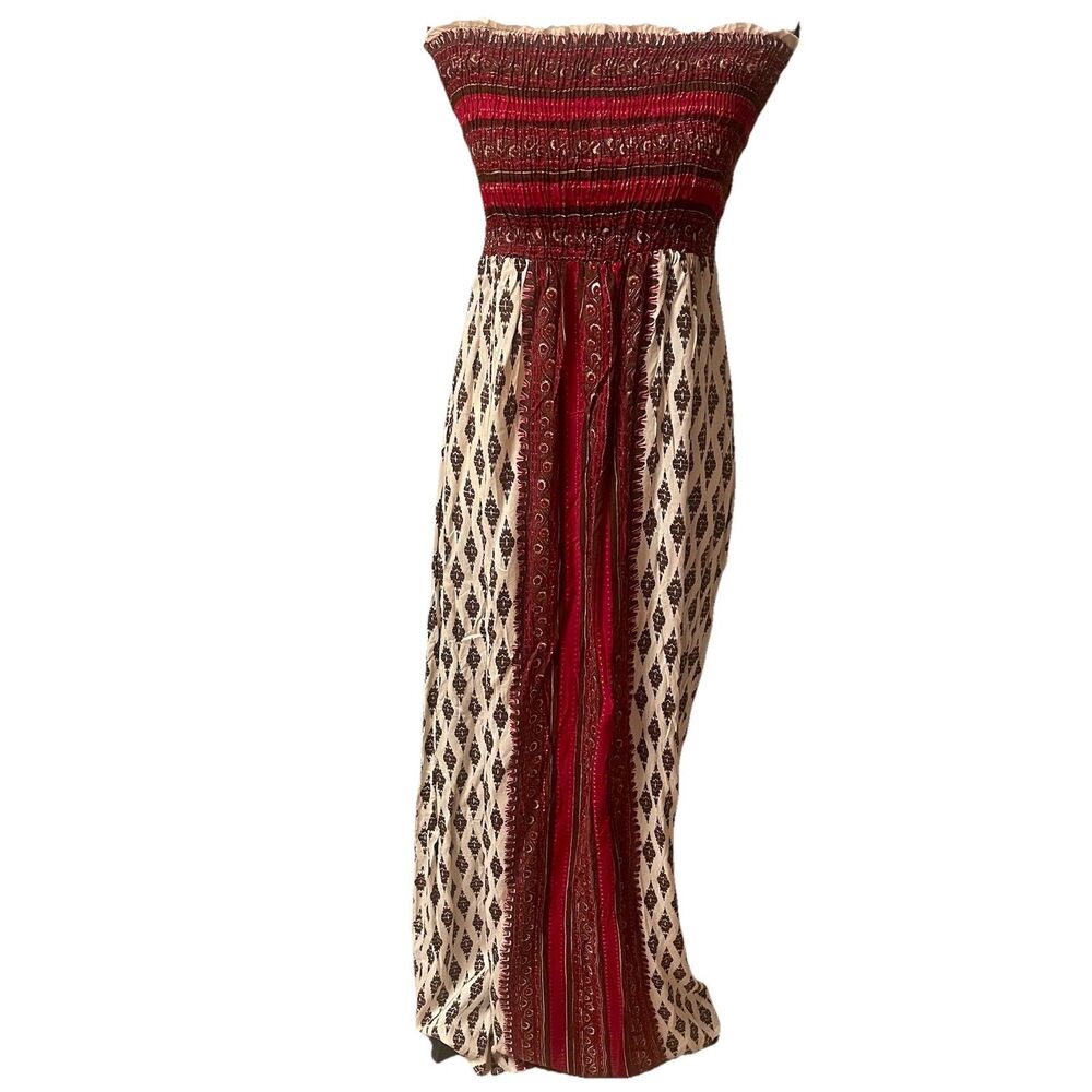 Wet Seal Maxi Dress Size S Strapless Smocked Boho Tribal Print Red Cream Hippie